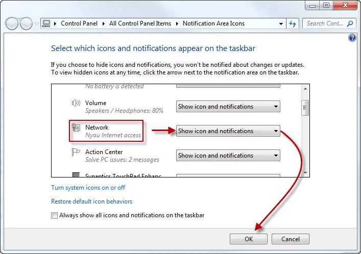 vista show network icon related system tray