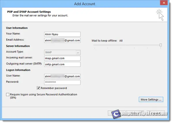 Gmail IMAP POP SMTP server settings outlook