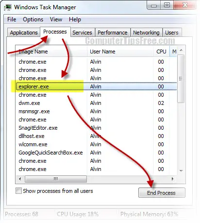 terminate explorer exe process task manager Taskbar Disappeared Missing Windows 8/7